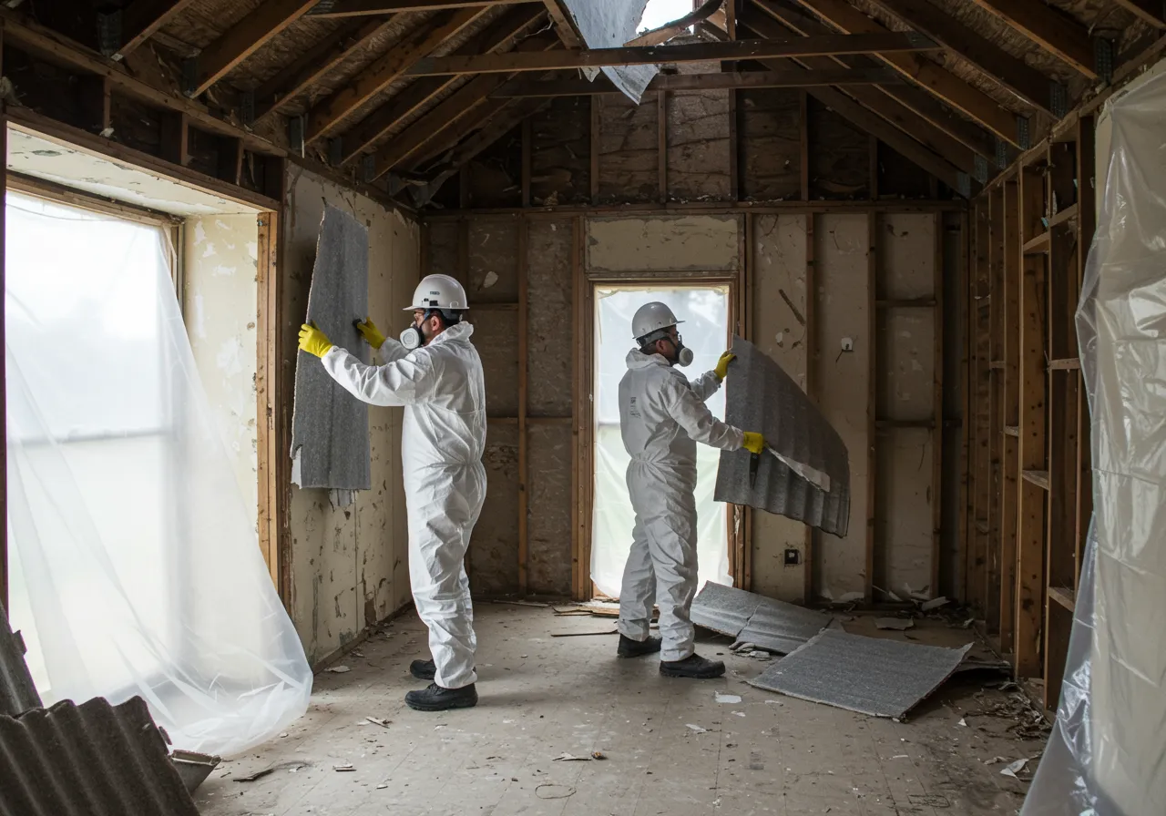 Two workers in coveralls and respirators removing internal wall linings under controlled conditions